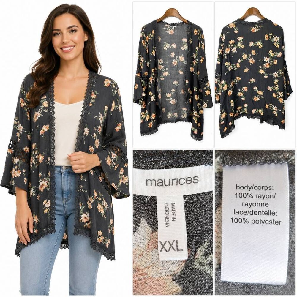 Maurices XXL Black Floral Lace Trim Kimono Cardigan